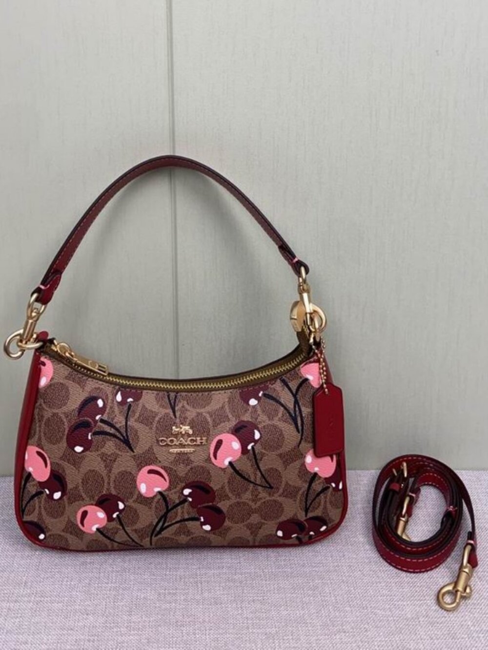 Coach Teri Shoulder Bag in Signature Canvas with a cherry print